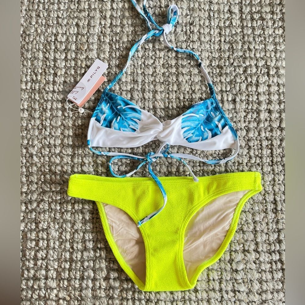 Nwt Anthropologie PilyQ ribbed neon pineapple yellow palm blue wailea Kai bikini